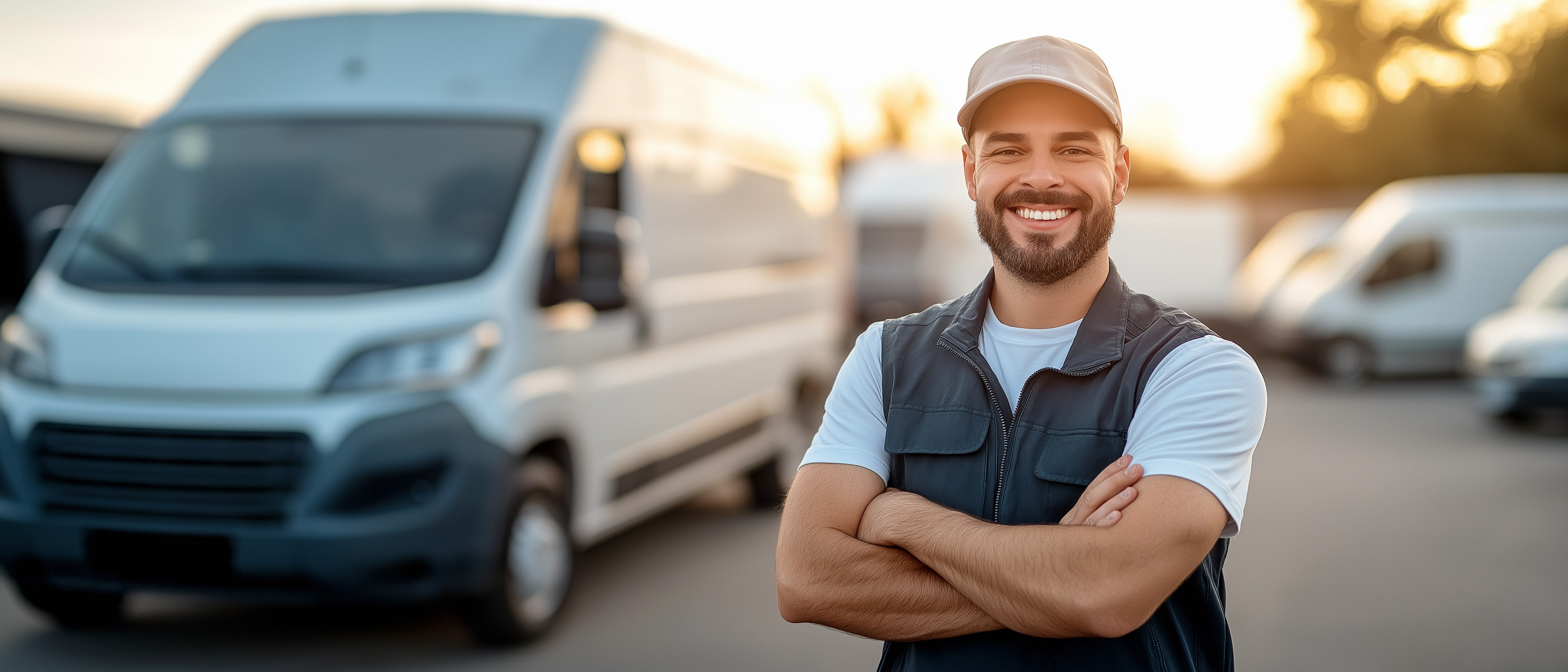 Confident truck driver standing in front of a modern semi-truck